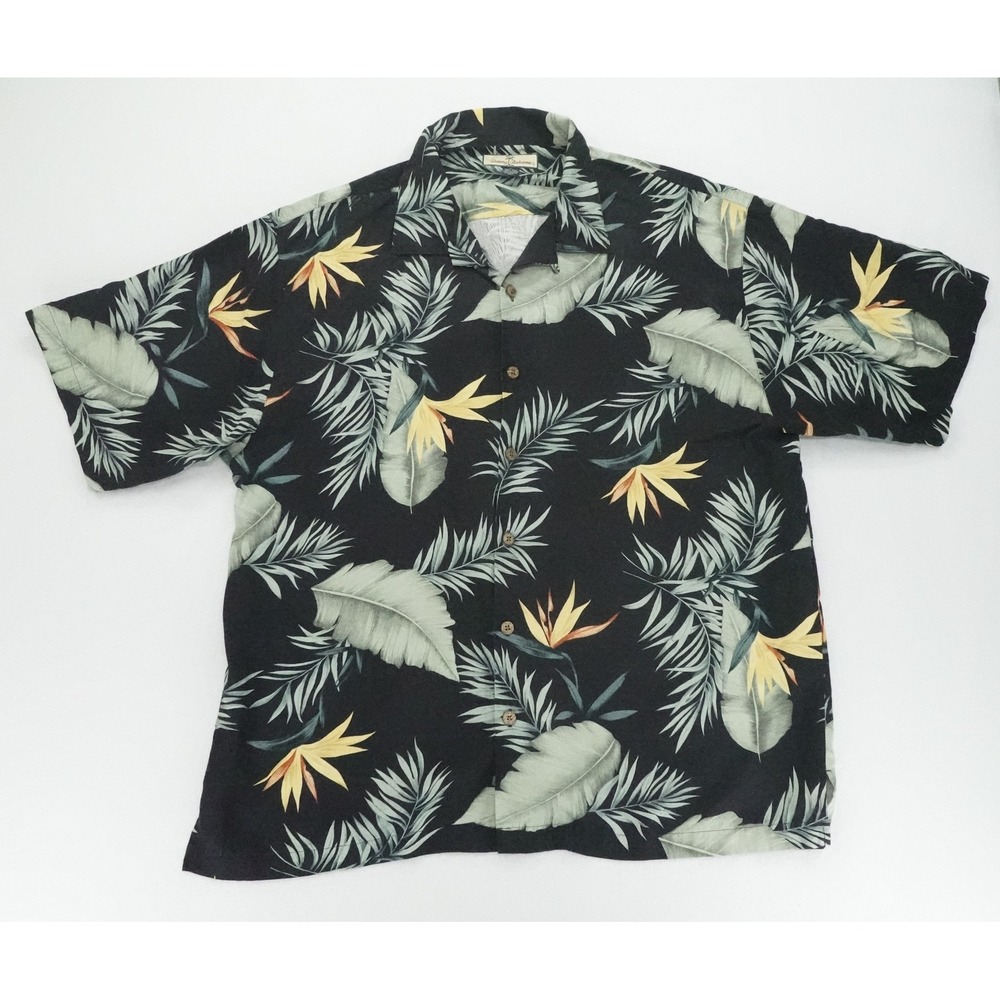 Tommy Bahama Button Down Mens XL Black Silk Bird of Paradise Tropical Print